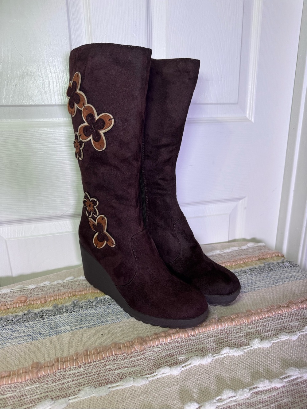 BAMBOO Dark Brown Suede Wedge Boots with Floral Applique